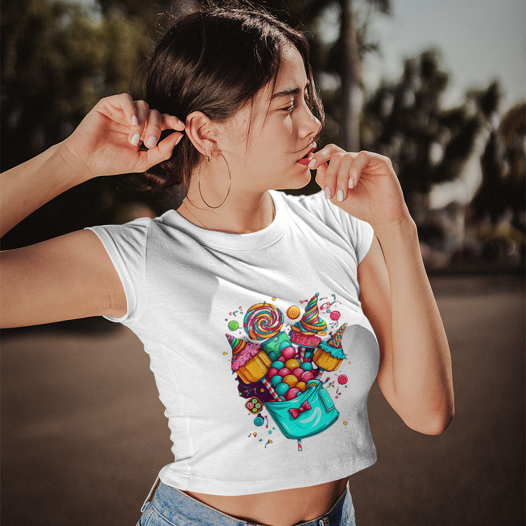 Candy Women's Cropped T-Shirt - Themed Crop Top - Printed Crop Tee Shirt Clothing T-Shirts Color : Black|Heather Olive|White 