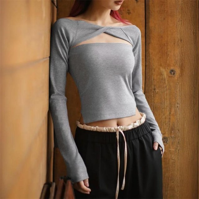 Off-Shoulder Hollow Out Long Sleeve Crop Top for Women