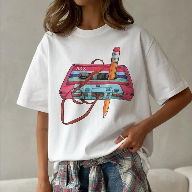 Women's Vintage Geometric Print Cotton T-Shirt – Casual Loose Summer Tee