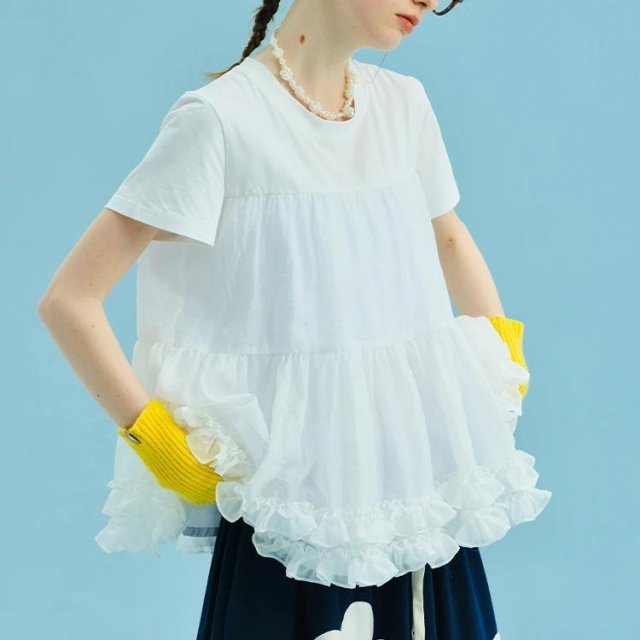 Women's White Mesh Splice Shoulder Tee - Summer Casual Loose Fit Top