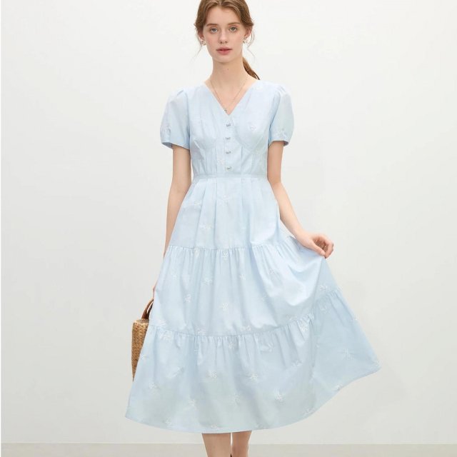 Blue Cotton V-Neck A-Line Dress with Embroidered Bow