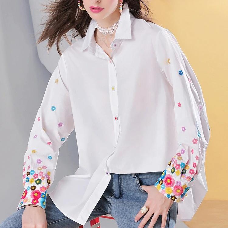 Women’s White Cotton Long Shirt with Floral Embroidered Sleeves thumbnail 2