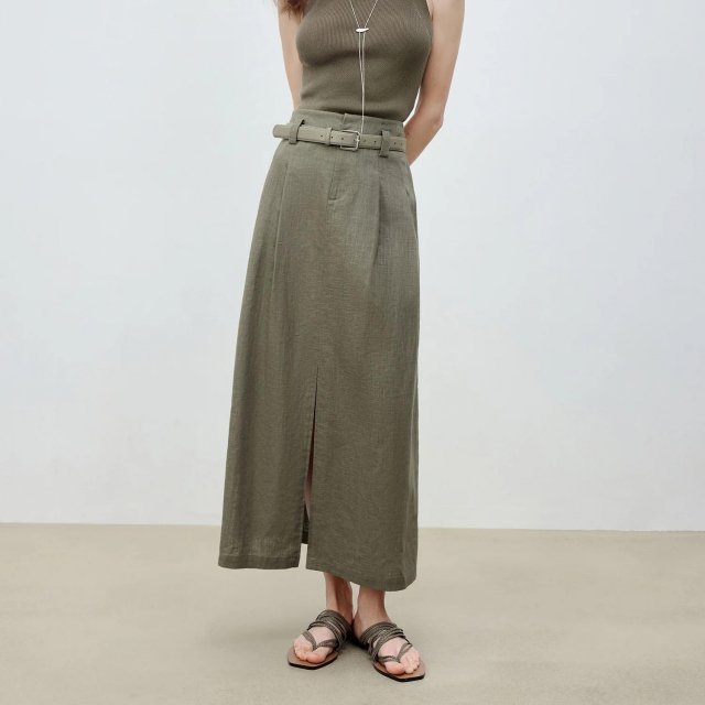 Summer Linen Cotton A-Line Midi Skirt with Triple Vents