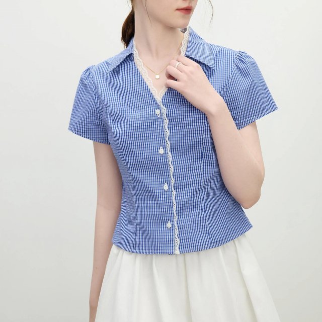 Summer Lace Layered Collar Slim Fit V-Neck Blouse