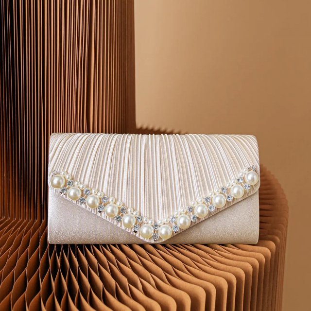Elegant Satin Clutch Bag with Pearl and Diamond Detail for Wedding & Party