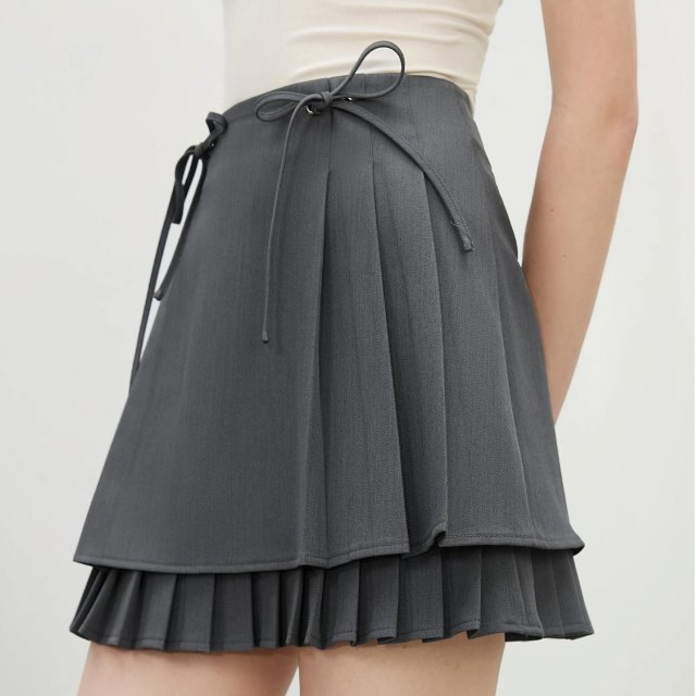 Minimalist Chic Grey Bow Tie Pleated A-Line Skirt for Women