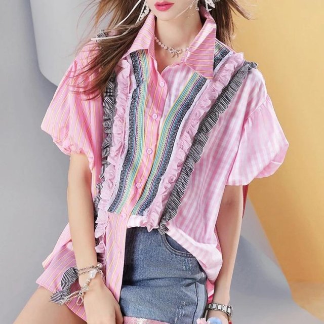 Women's Striped Patchwork Puff Sleeve Blouse