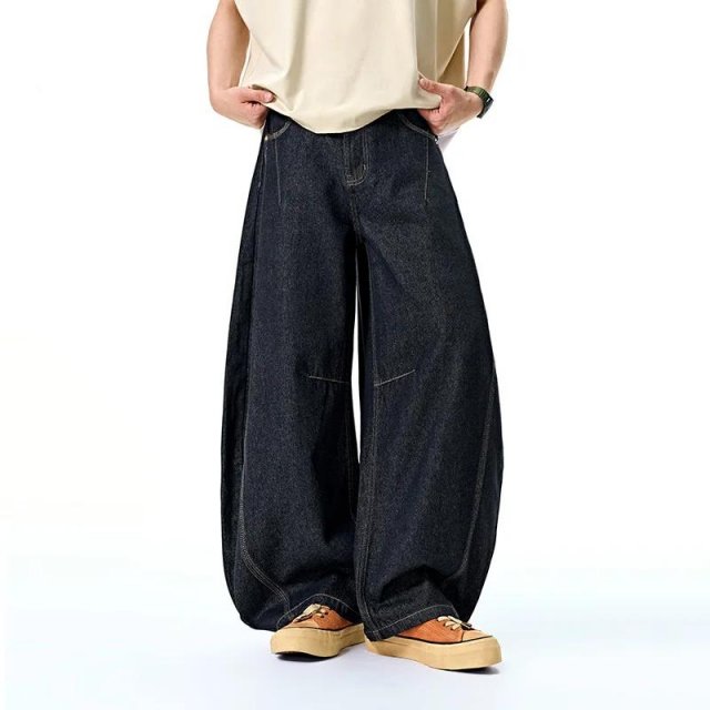 Men's Raw Denim Wide Leg Jeans with Curved Hem
