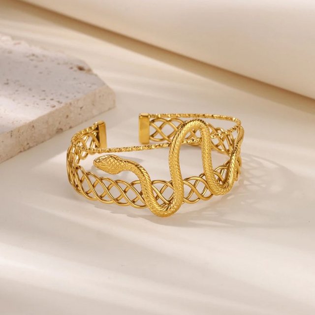 Gold Stainless Steel Snake Cuff Bangle – Vintage Geometric Animal Jewelry