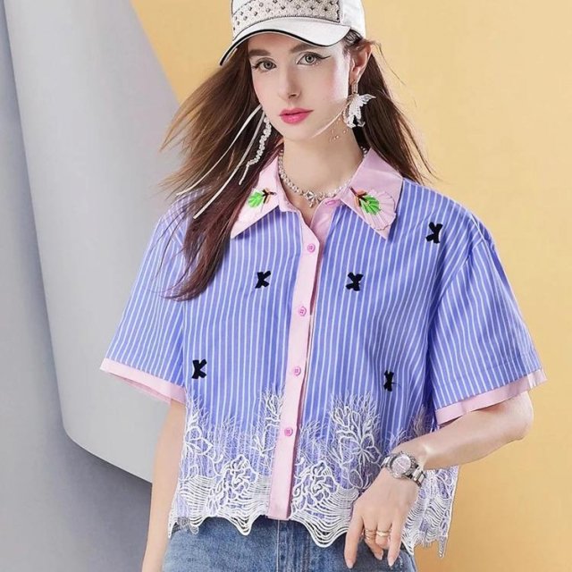 Women’s Striped Cropped Button Down Shirt with Lace Hem