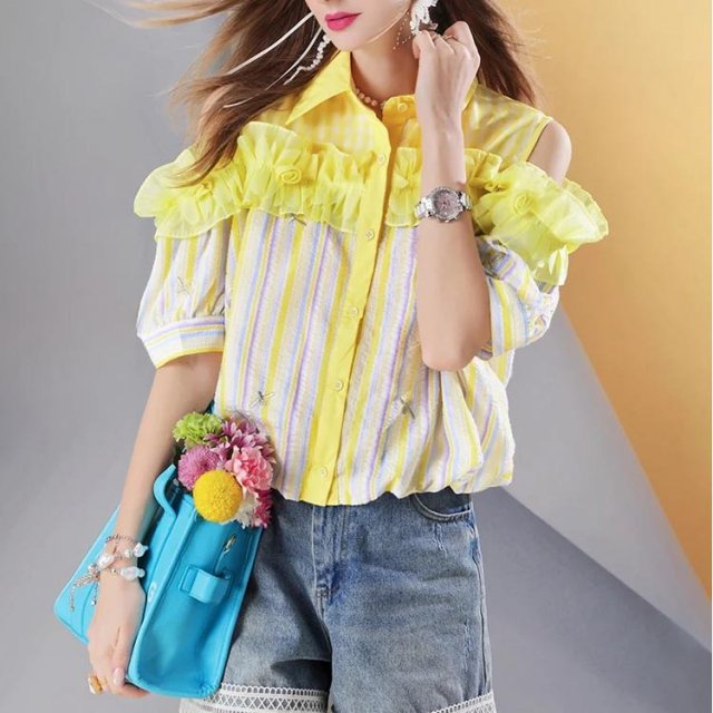 Women's Off Shoulder Striped Ruffle Shirt - Summer Hip Hop Streetwear Top