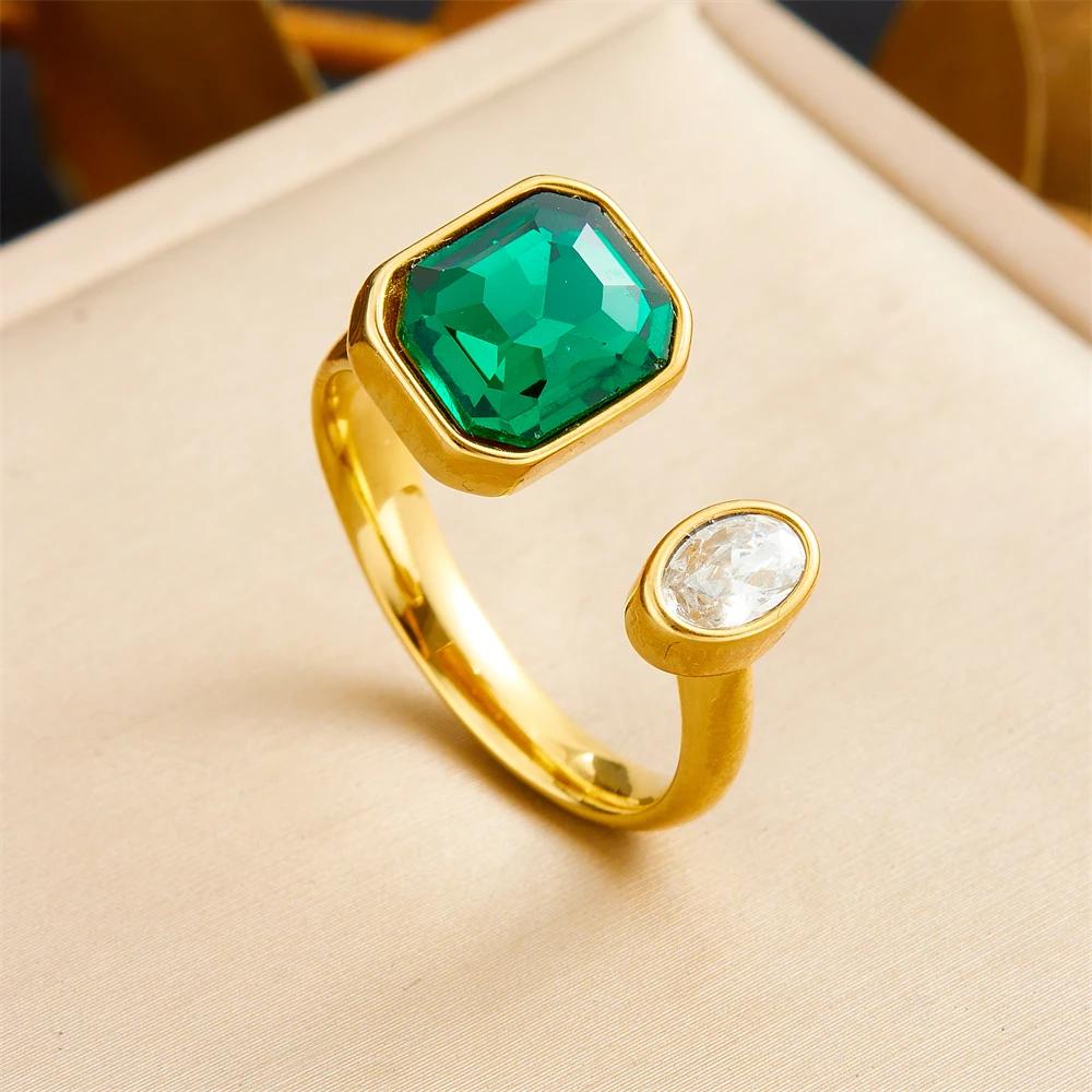 Adjustable Green Zircon Cocktail Ring for Women – 18K Gold Plated Trendy Jewelry 2