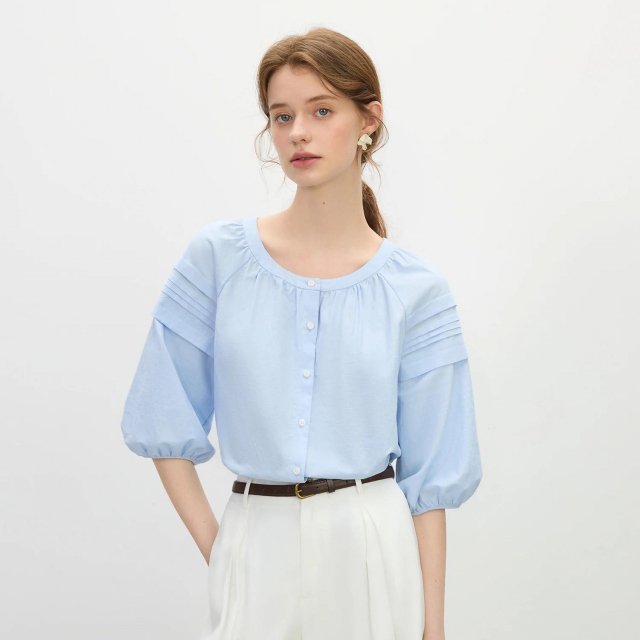 Summer Linen-Blend Short Sleeve Blouse with Round Neck & Lantern Sleeves