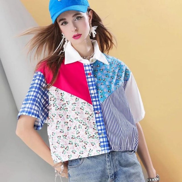 Women's Color Block Cropped Button Down Shirt