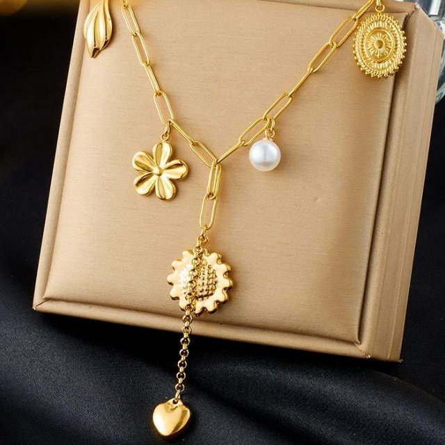 Golden Sunflower Pearl Heart Pendant Necklace