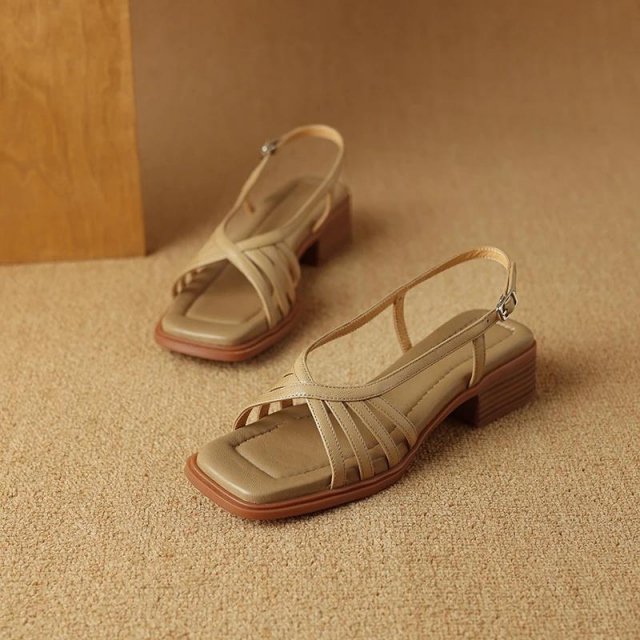 Women's Genuine Leather Open Toe Sandals with Mid Square Heels – Summer Party Shoes