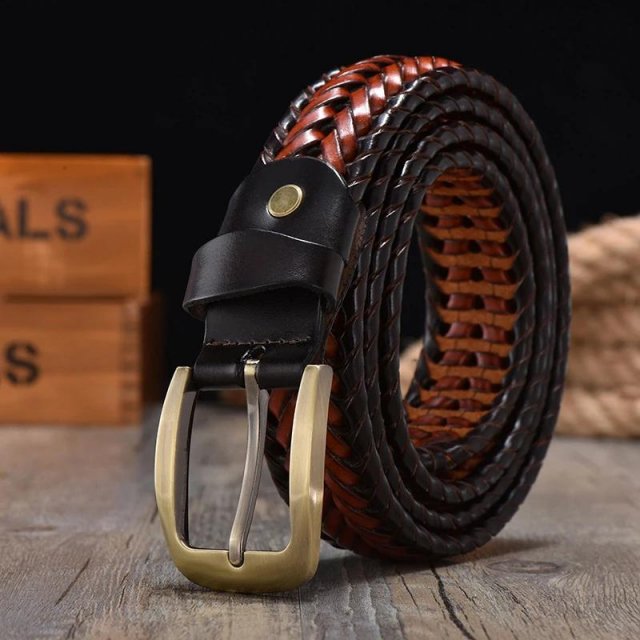 Men's Genuine Leather Braided Belt with Gold Pin Buckle - Casual Jeans Strap