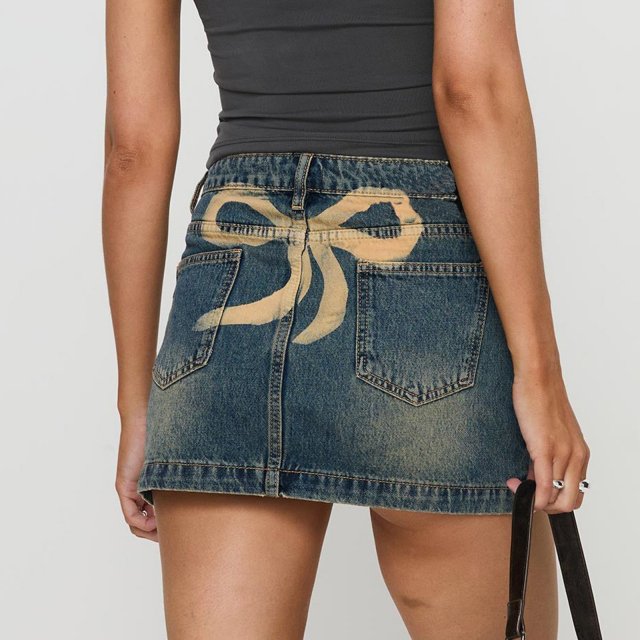 Y2K High Waist Denim Mini Skirt with Bow Print