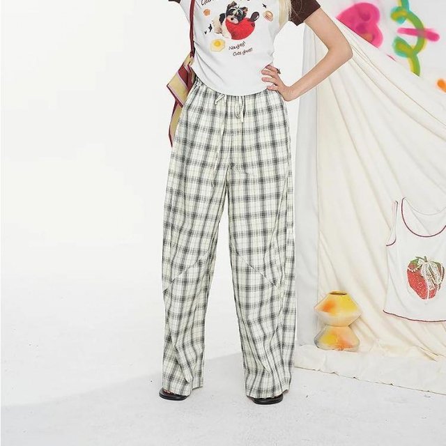 Checkered Wide Leg Cotton Pants for Women - Summer Casual Tube Fit