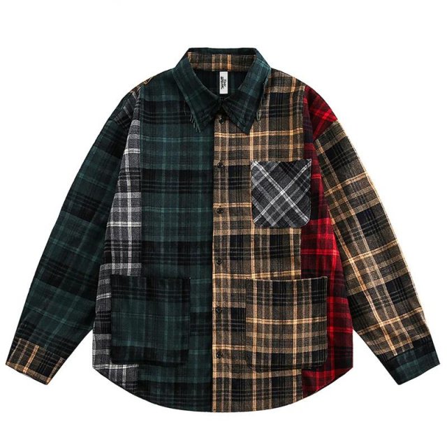 Patchwork Plaid Oversized Flannel Shirt Long Sleeve Streetwear