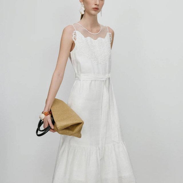 100% Linen White Sleeveless Maxi Dress