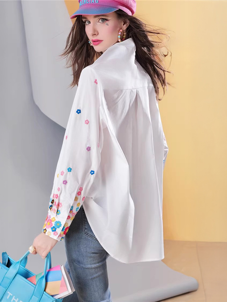Women’s White Cotton Long Shirt with Floral Embroidered Sleeves thumbnail 7