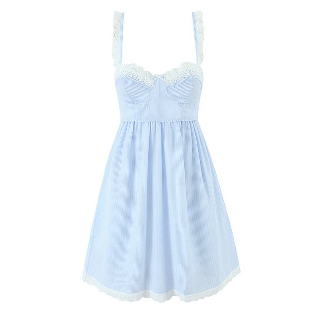 Women’s Lace Spliced Blue Striped Backless A-Line Summer Mini Dress