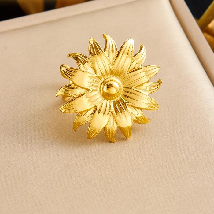 18K Gold Plated Stainless Steel Flower Adjustable Ring 2